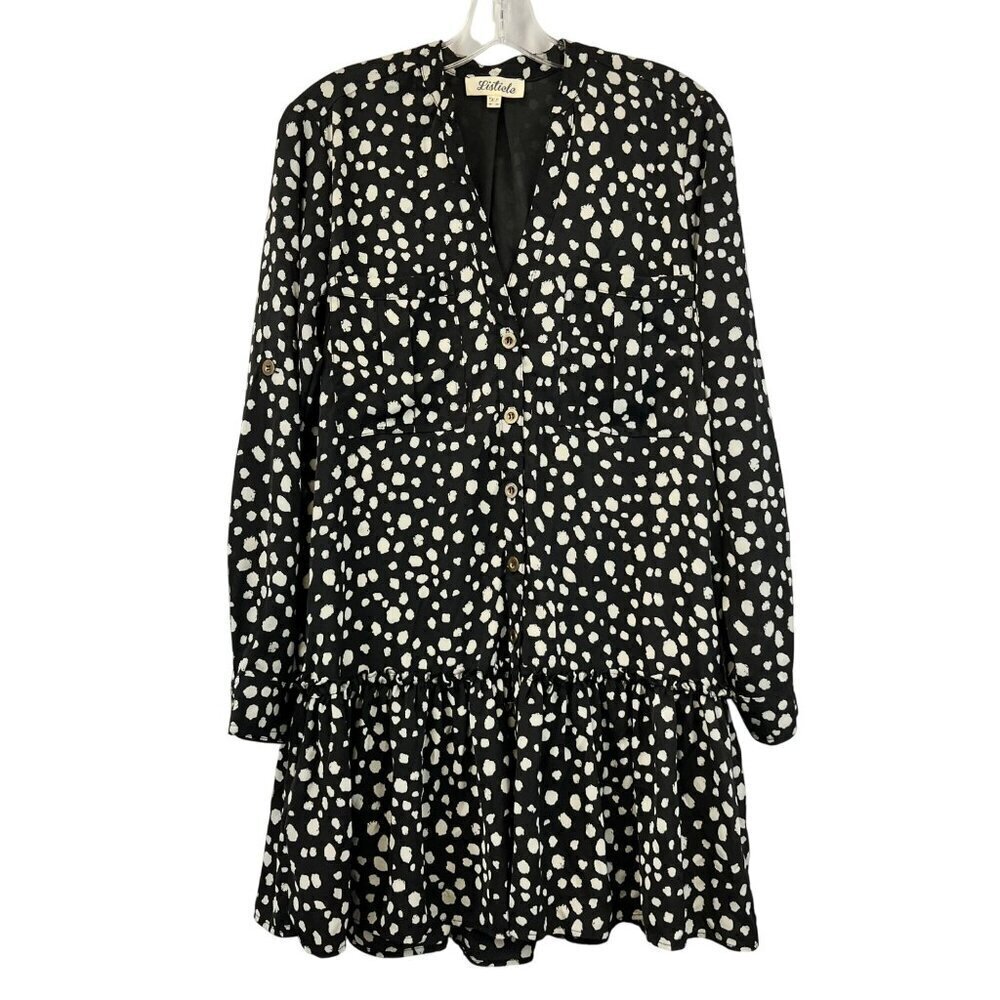 Listicle Button Up Drop Waist Spotted Dress Long Roll Tan Sleeve Black/White XS